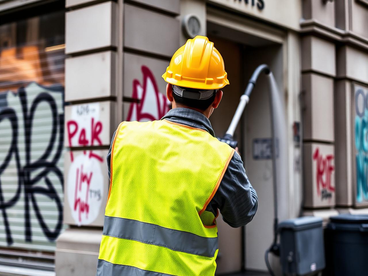 Tecnico rimuove graffiti da facciata